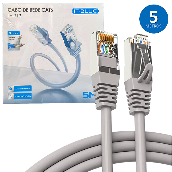 Cabo de Rede com 5 Metros Cat 6 para CFTV e Rede, Até 1000Mbps, Cinza - It-Blue LE-313