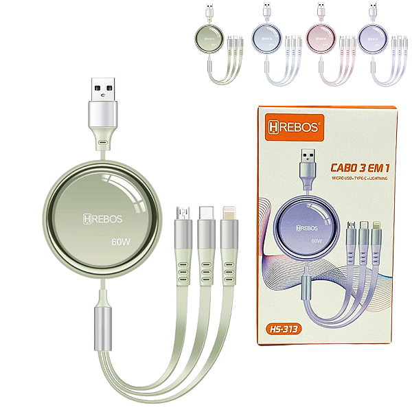 Cabo Retrátil 3 em 1 com Saídas V8, Tipo C e iPhone com 1,2M - Hrebos - HS-313