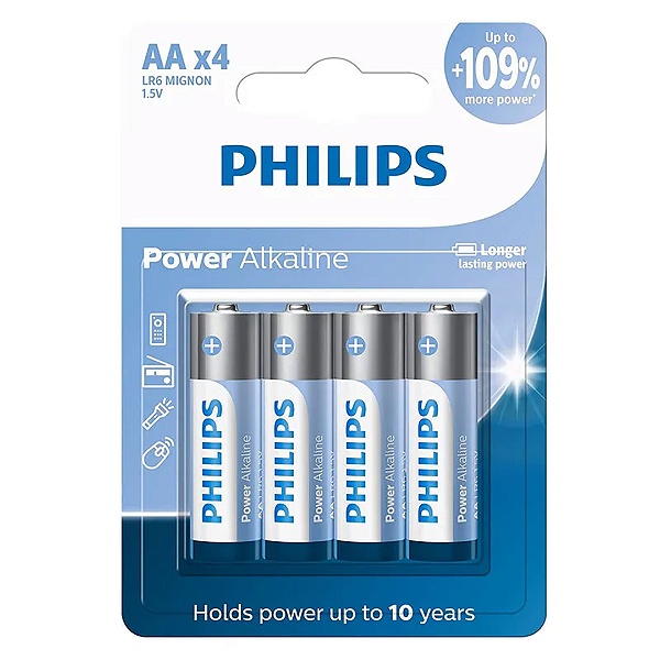 Pilha Alcalina AA (Comum) 1.5V com 4 Unidades, Power Alkaline - Philips LR6P4B/59