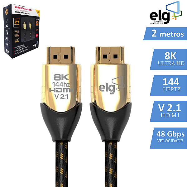Cabo HDMI de 2 Metros, Versão 2.1, Ultra HD 8K 144Hz, Ultra High Speed 48Gbps - ELG HS8K20