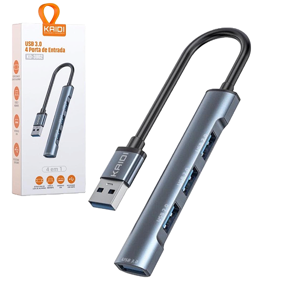 Hub USB com 3 Portas USB 2.0 e 1 Porta USB 3.0 - Kaidi KD-3802