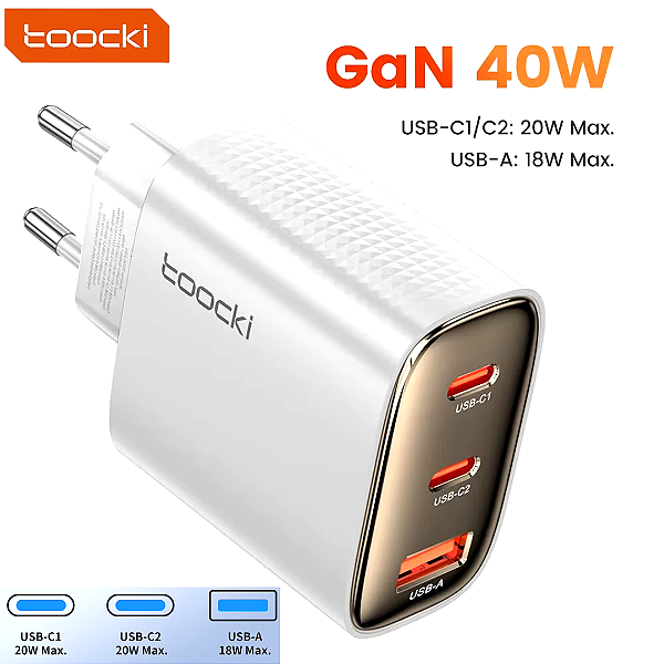 Carregador 40W GaN, 2 Tipo-C + 1 USB-A, PD 3.0 QC 3.0 para Samsung, iPhone 15 - Toocki
