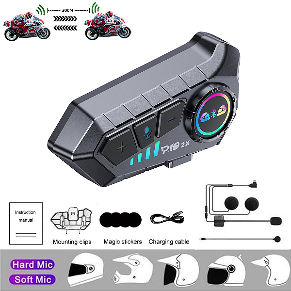 Intercomunicador de Capacete YP10 Sem Fio até 300M 2.4GHz Bluetooth 5.3 IP67 À Prova d'Água