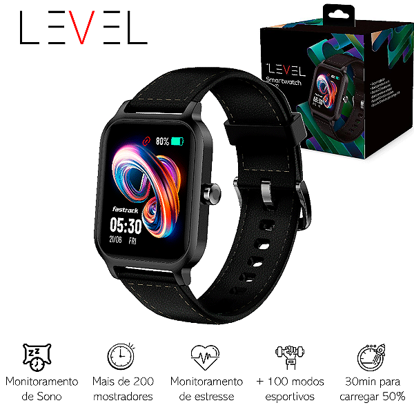 SmartWatch Level LVW-10, Tela TFT de 1.83", iOS e Android, Pulseira Preta de Couro