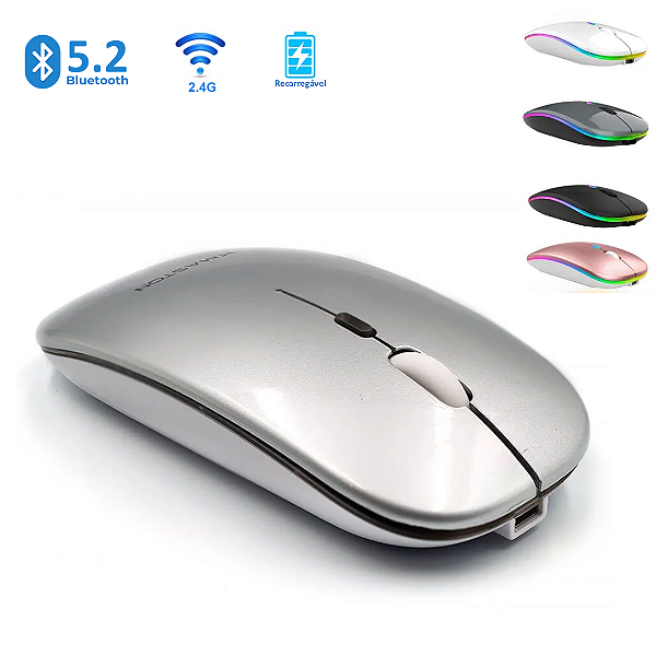 Mouse Óptico 2x1 Bluetooth + Adaptador, Recarregável, 1.600DPI, RGB - H'Maston E-1300 Pro