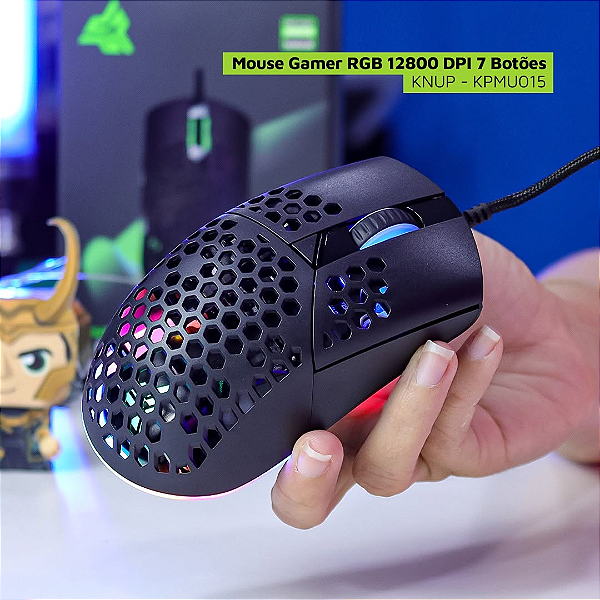 Mouse Gamer com Fio 12.800 Dpi, 7 Botões, Led RGB - Knup Anúbis KP-MU015