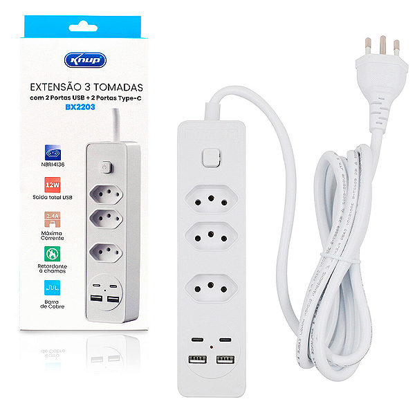 Extensão 3 Tomadas, 2 Usb, 2 Tipo C, Bivolt - Knup BX2203
