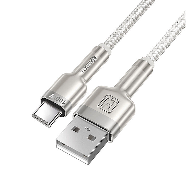 Cabo Tipo C 60W com 1 Metro, Tecido Trançado, Metal, Branco - Hrebos CB-251C