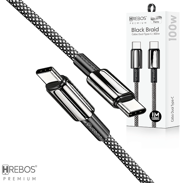 Cabo Tipo C para Tipo C 100W com 1 Metro, Fio Trançado de Nylon, Preto - Hrebos CB-357C