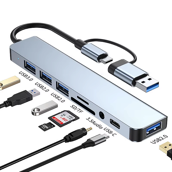 Hub OTG Tipo C e USB 8x2 com 1 Usb 3.0, 3 Usb 2.0, 1 Tipo C, 1 Áudio 3.5 e 2 Leitor de Cartão SD/Micro SD