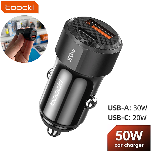 Carregador Para Carro com 2 Saídas USB e Tipo C 50W, Preto - Toocki