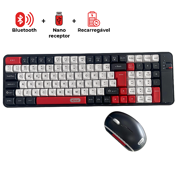 Kit Teclado e Mouse Sem Fio Bluetooth e Wireless 2.4GHz, Recarregável, Vermelho - Knup KP-TE129