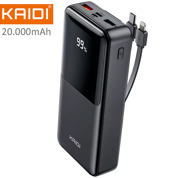 Carregador Portátil Power Bank 20.000mAh com Cabo Tipo C e iPhone, 22.5W 20W PD, Preto - Kaidi KNC232