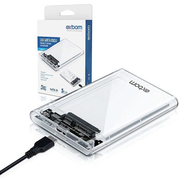 Case Gaveta Para HD e SSD Sata 2.5" USB 3.0, Transparente, Slim - Exbom CGHD-35