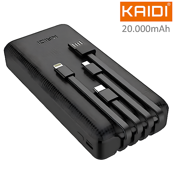 Carregador Portátil Power Bank 20.000mAh com Cabo V8, Tipo C e iPhone, Preto - Kaidi KD-955