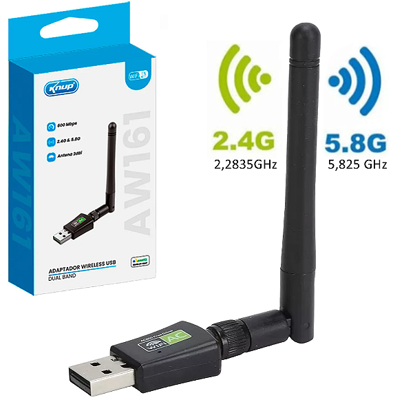 Adaptador Wi-Fi USB Dual Band, 2.4 e 5.0G, 600Mbps com Antena - Knup KP-AW161