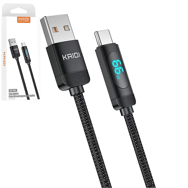 Cabo de Carregamento Tipo C 66W com 1 Metro e Display LED, Trançado - Kaidi KD-104C