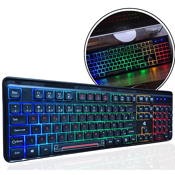 Teclado Gamer Membrana com Fio e Led Lighting, Multimídia, Padrão ABNT2 - Knup KP-TE130