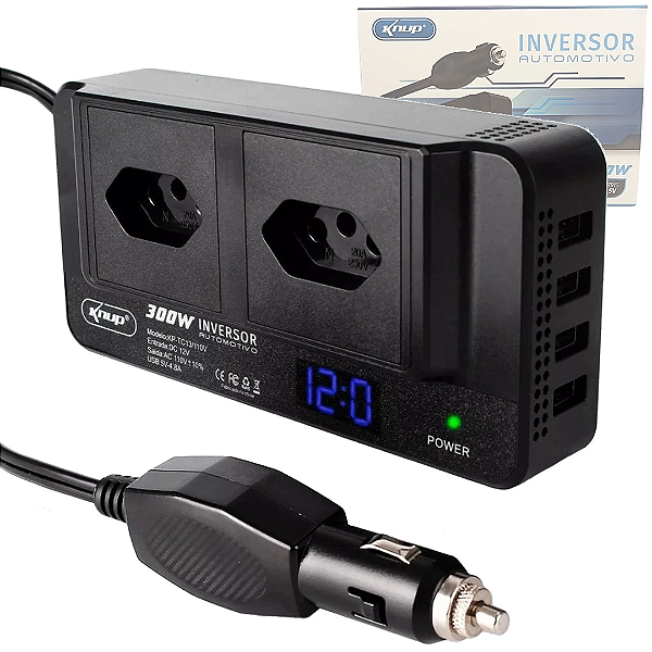 Inversor de Tensão 300w Entrada 12V para 220V com 2 Tomadas e 4 Portas USB - Knup KP-TC13/220V
