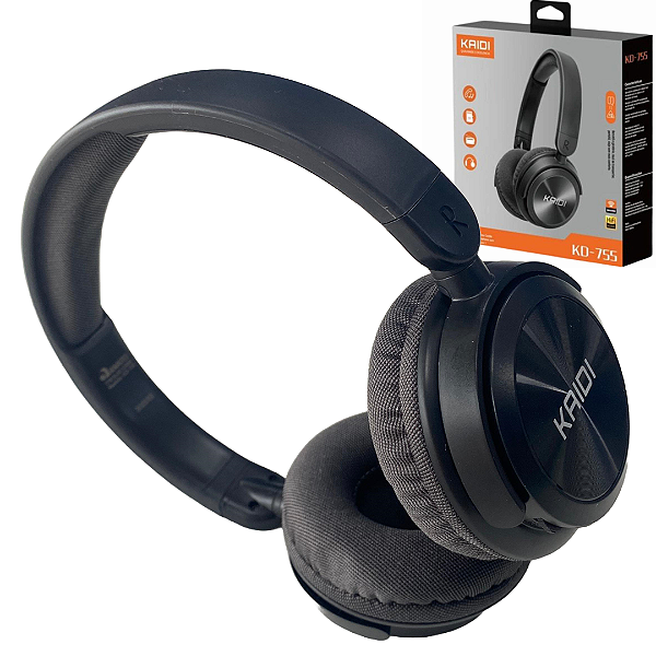 Fone de Ouvido Headphone Bluetooth V5.3, Entrada Cartão de Memória, Preto- Kaidi KD-755