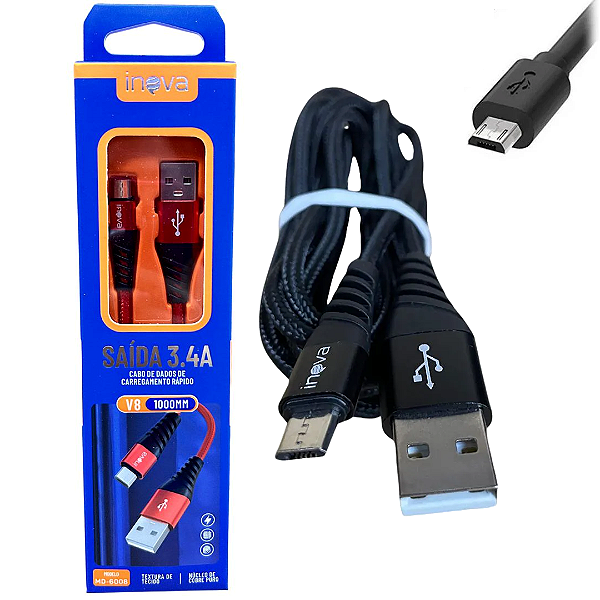 Cabo de Carregamento e Dados Micro USB V8, 3.4A com 1 Metro - Inova CBO-6008
