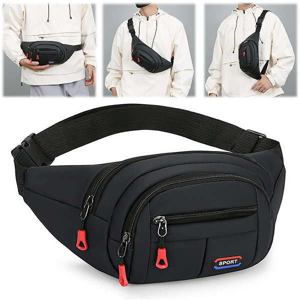 Pochete Impermeável Bolsa Transversal ou Cintura, Cor Preto - Sport A2502