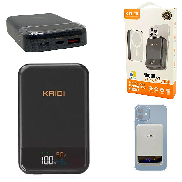Carregador Portátil Power Bank de Indução Magnético 10.000 mAh, Preto - Kaidi KD-998