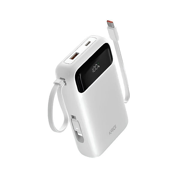Carregador Portátil Power Bank 20.000mAh com Cabo Tipo C e iPhone, 20W PD, Branco - Kaidi KNC-922