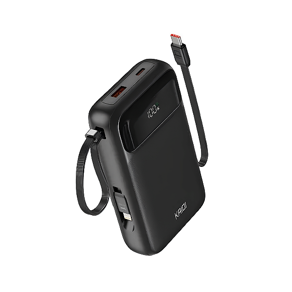 Carregador Portátil Power Bank 20.000mAh com Cabo Tipo C e iPhone, 20W PD, Preto - Kaidi KNC-922