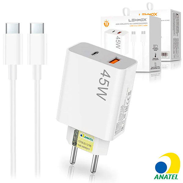 Kit Carregador com 2 Portas USB e Tipo C Turbo 45W + Cabo Tipo C - Lehmox LE-407