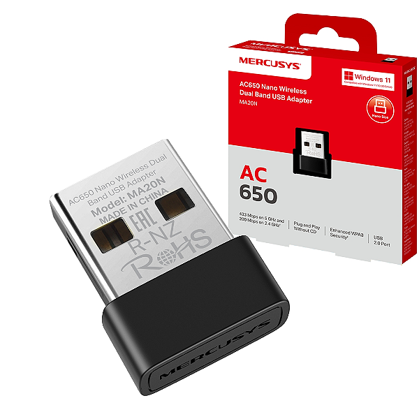 Adaptador USB Wireless Wi-Fi USB Nano Dual Band, 5 GHz (433 Mbps), 2.4 GHz (200 Mbps) - Mercusys AC650 MA20N
