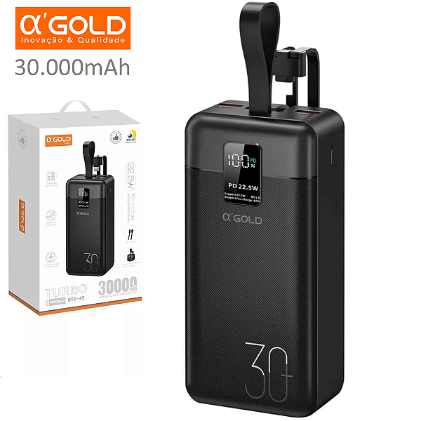 Carregador Portátil Power Bank 30.000mAh, PD e QC 22.5W, Cabo Tipo C e iPhone, Preto -α'Gold BTE-43