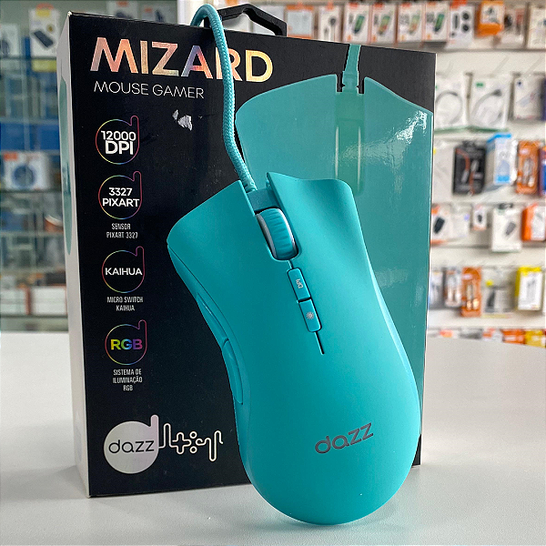 Mouse Gamer com Fio 12.000 Dpi, 7 Botões, Led RGB, Sensor PixArt 3327, Azul - Dazz Mizard
