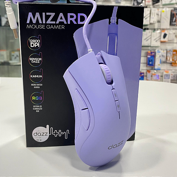 Mouse Gamer com Fio 12.000 Dpi, 7 Botões, Led RGB, Sensor PixArt 3327, Roxo - Dazz Mizard