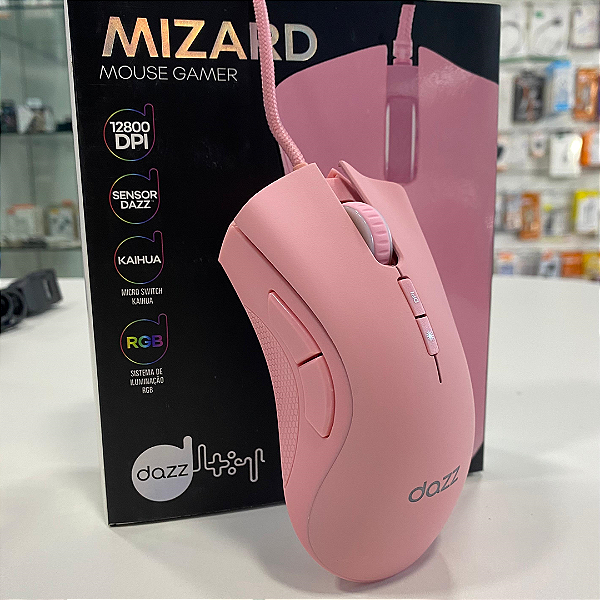 Mouse Gamer com Fio 12.000 Dpi, 7 Botões, Led RGB, Sensor PixArt 3327, Rosa - Dazz Mizard