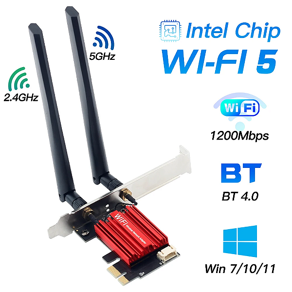 Adaptador Wi-Fi 5 AC1200 Placa de Rede Dual Band 2.4g/5ghz com Bluetooth 4.0
