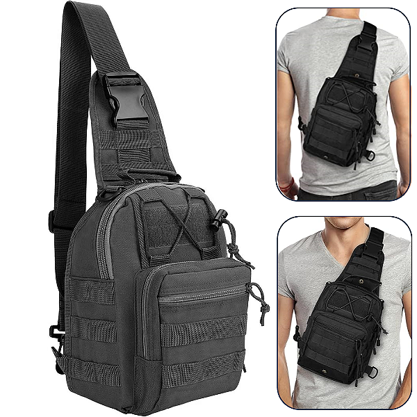Mini Bolsa Mochila Tiracolo Transversal Tática no Estilo Militar Cor Preto - B014