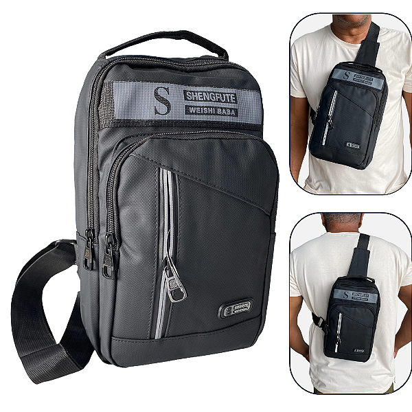 Mini Bolsa Unissex de Ombro, Peito e Transversais Multifuncionais, Preto - Shengfute A2517