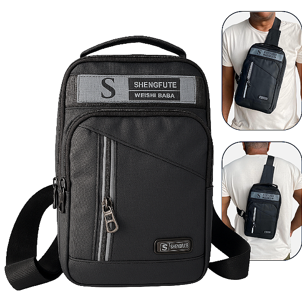 Mini Bolsa Unissex de Ombro, Peito e Transversais Multifuncionais, Preto - Shengfute A2517