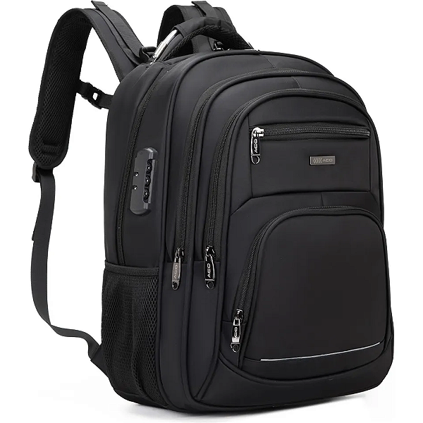 Mochila para Notebook até 15.6" Escolar Reforçada Unissex Cadeado Anti Furto, Semi Impermeável, Preto - Aco Zy2041