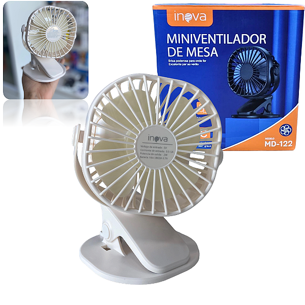Mini Ventilador Portátil Recarregável com 3 Velocidades, Cor Branco - Inova MD-122