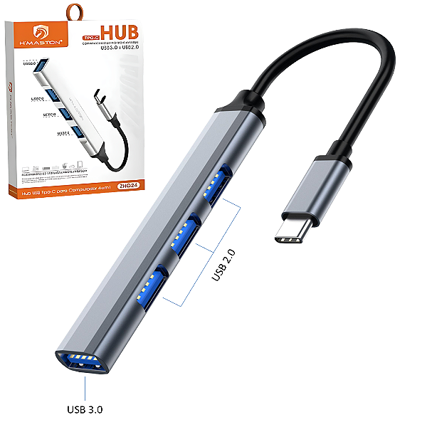 Hub Tipo C 4 Portas USB, Sendo 3 USB 2.0 e 1 USB 3.0 - H'Maston ZHQ24