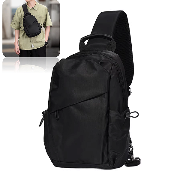 Mini Mochila Tiracolo Transversal em Couro Sintético Preto com Porta USB - Chen's C12157