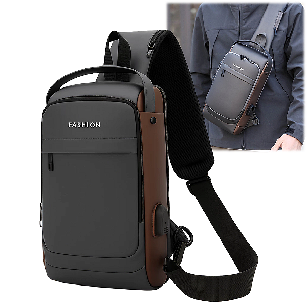 Mini Bolsa Mochila Tiracolo Transversal em Couro Sintético Cinza/Marron, Anti Furto e Porta USB - Fashion