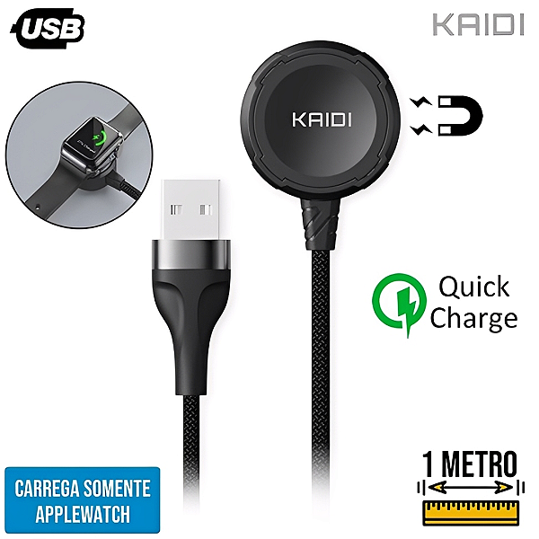 Carregador Magnético Indução para Relógio Smartwatch, Preto - Kaidi KD-9091
