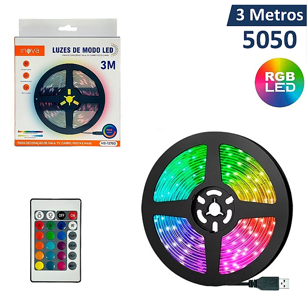 Fita de LED 5050 RGB 30 LED/m IP65 5V com 3 Metros e Controle - Inova MD-12793