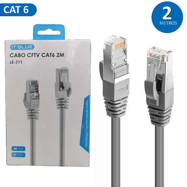 Cabo de Rede Cat 6 com 2 Metros CFTV, Até 1000Mbps, Cor Cinza - It-Blue LE-311