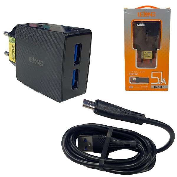 Kit Carregador 2 USB 5.1A + Cabo Micro V8 com 1 Metro - Lelong LE-230FV