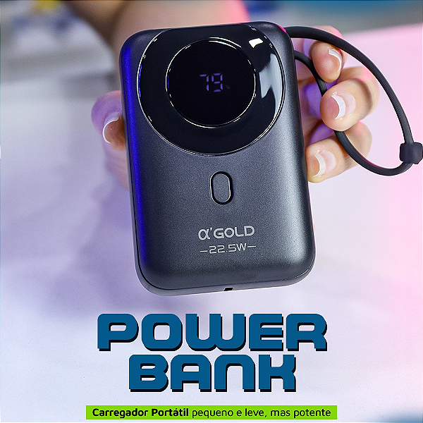 Carregador Portátil Power Bank 10.000mAh com Cabo Tipo C e iPhone, 22.5W PD, Preto - α'Gold BTE-15A