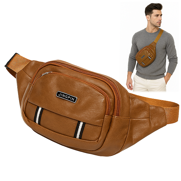 Pochete Bolsa Transversal ou Cintura de Couro Sintético Marrom Claro - Jingpin A2531